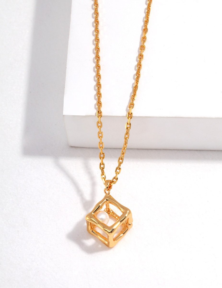 Elegant Cube Square Pendant with Akoya Pearl Necklace | Mix Mix Style-Mix MIx Style