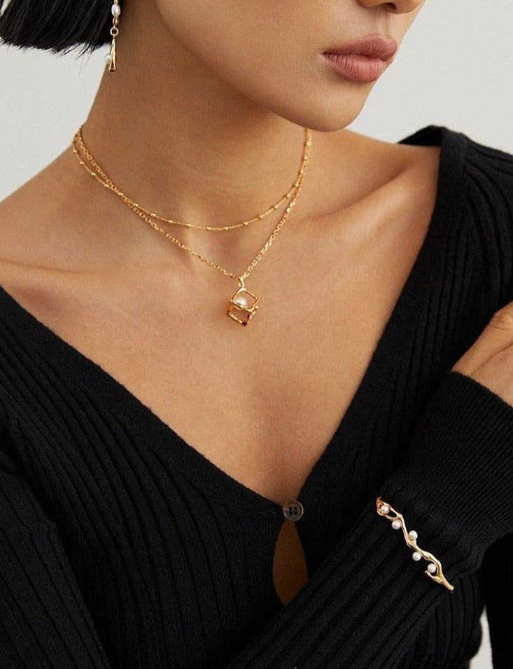 Elegant Cube Square Pendant with Akoya Pearl Necklace | Mix Mix Style-Mix MIx Style
