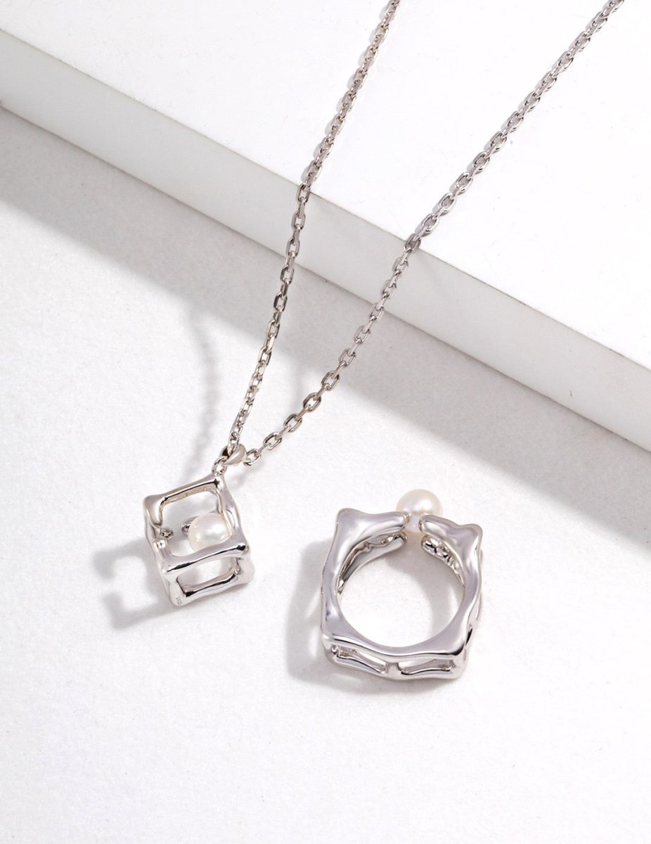 Elegant Cube Square Pendant with Akoya Pearl Necklace | Mix Mix Style-Mix MIx Style