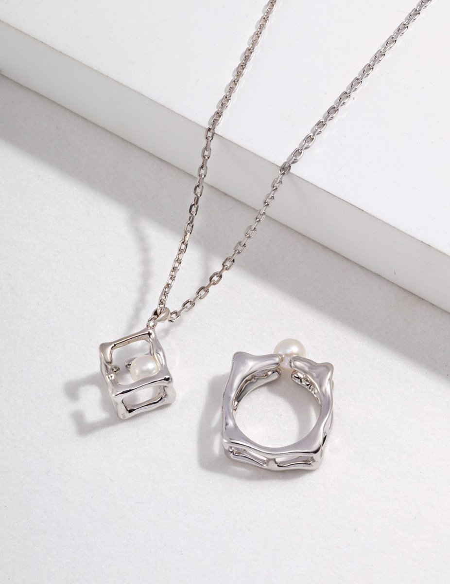Square-shaped Akoya Pearl Sterling Silver Ring | Mix Mix Style-Mix MIx Style