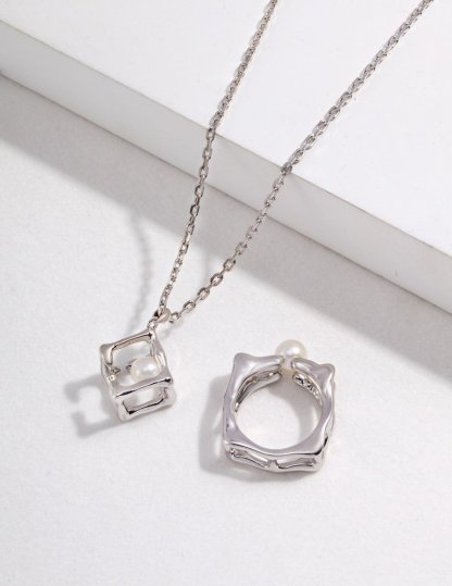 Square-shaped Akoya Pearl Sterling Silver Ring | Mix Mix Style-Mix MIx Style