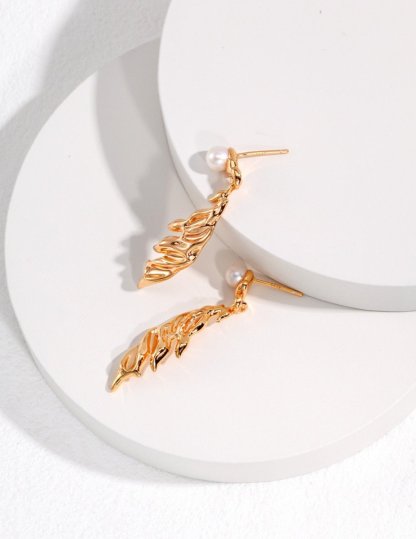 Feather Shape Sterling Silver with Akoya Pearl Earrings | Mix Mix Style [Hot Seller]-Mix MIx Style
