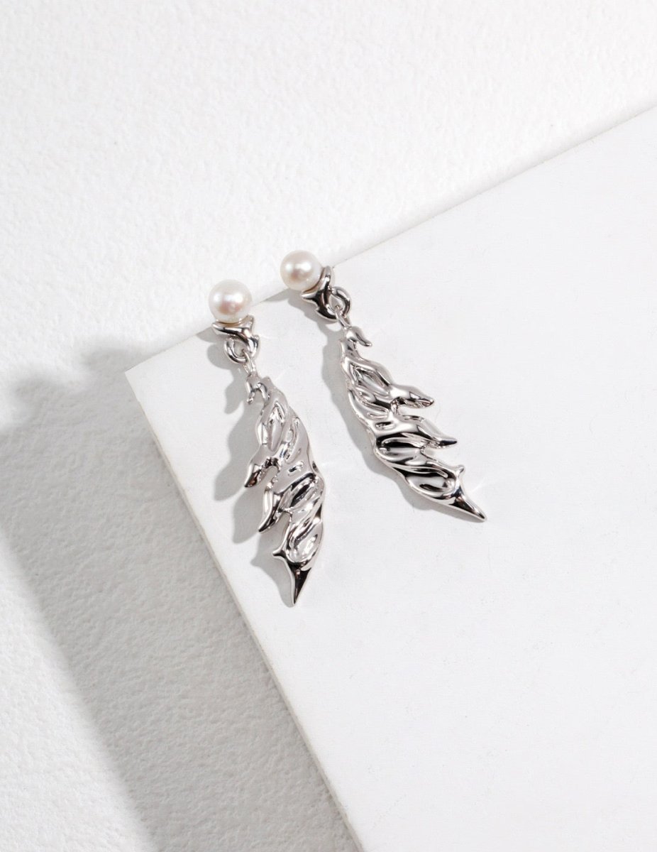 Feather Shape Sterling Silver with Akoya Pearl Earrings | Mix Mix Style [Hot Seller]-Mix MIx Style