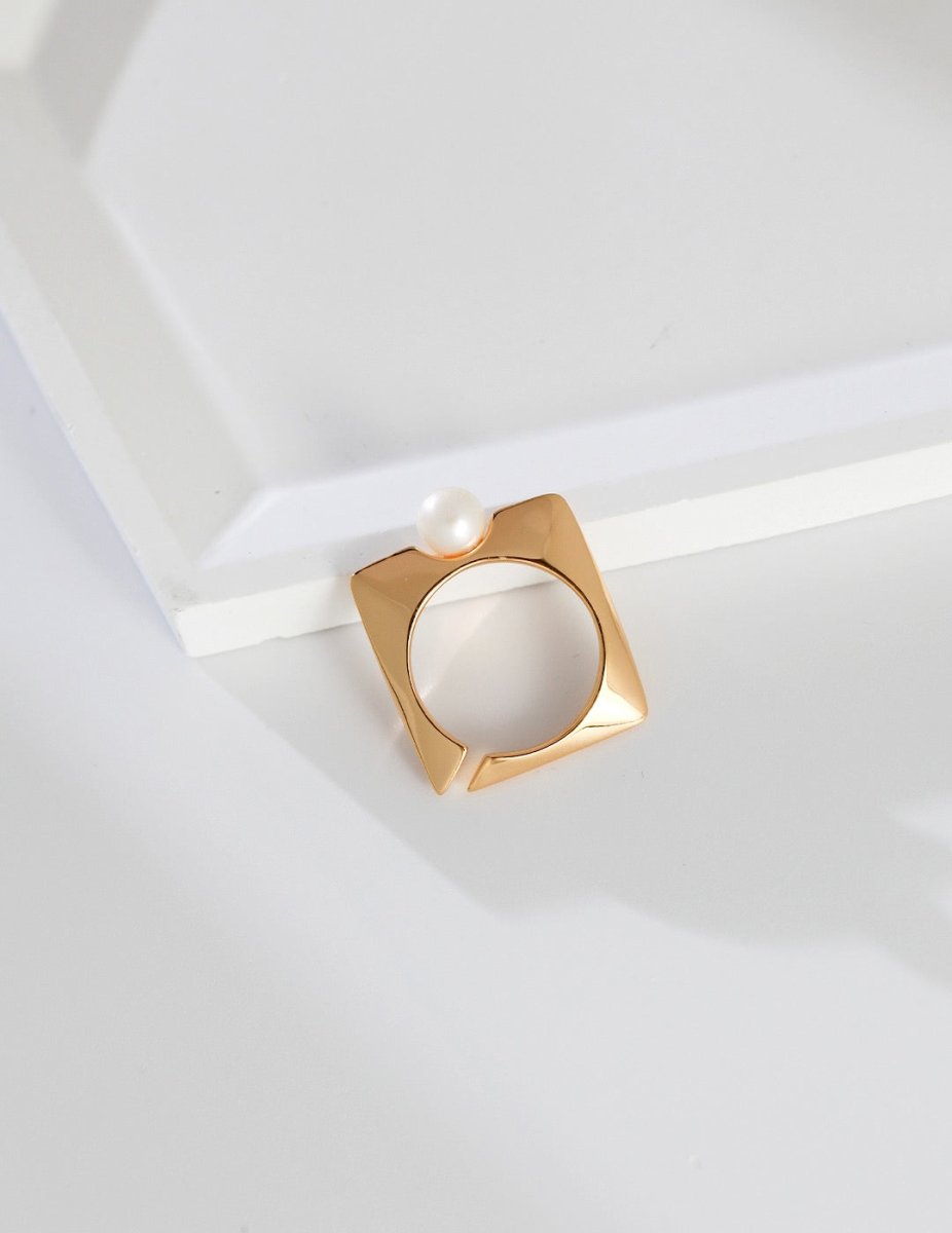 Square-shaped s925 Sterling Silver Pearl Ring | Mix Mix Style-Mix MIx Style