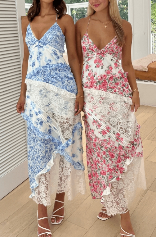 Lace Patchwork Printed Suspender Layered Dress