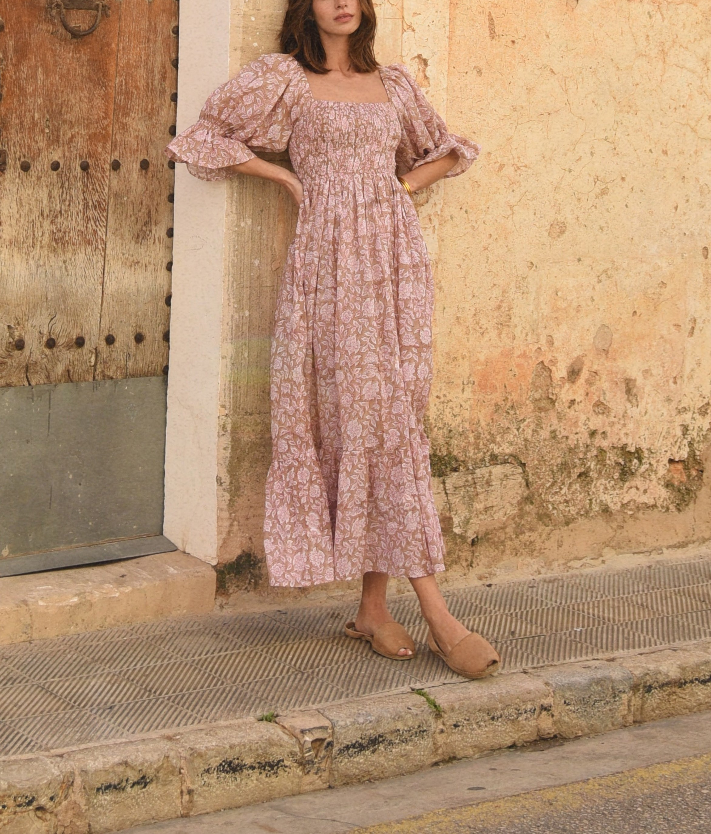 Square Neck Tiered Skirt Printed Maxi Dress