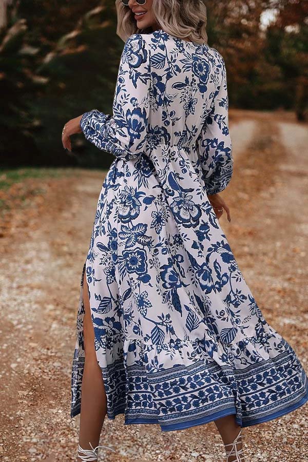 Floral Print Lantern Sleeve Slit Dress