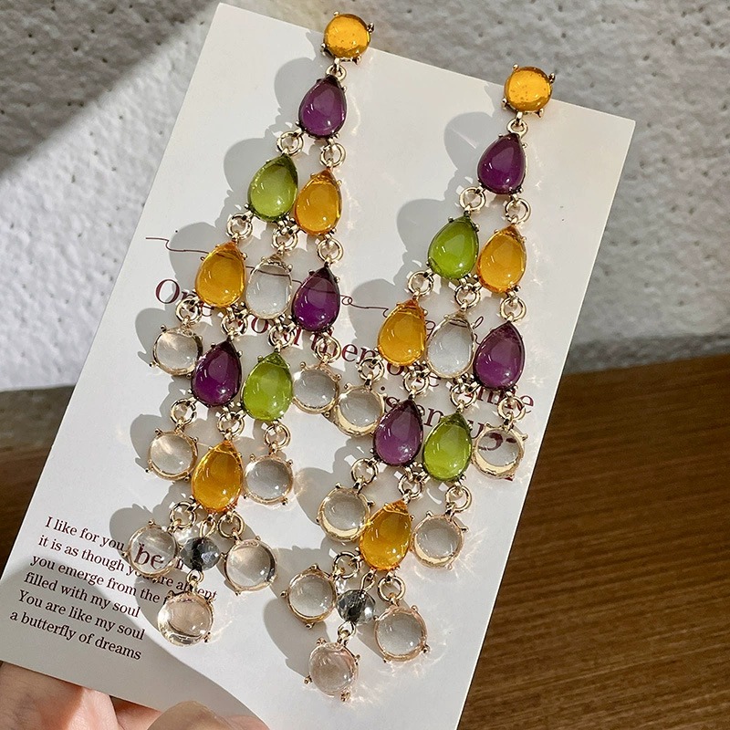 Colorful Waterfall Crystal Tassel Earrings