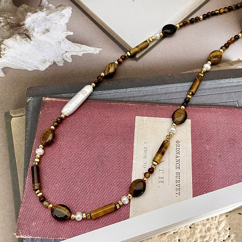 Natural Freshwater Pearl & Tiger Eye Beaded Necklace