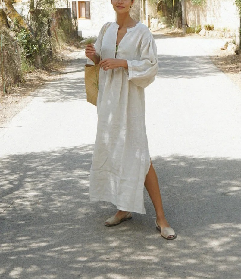 Linen Buttoned Slit Solid Color Maxi Dress