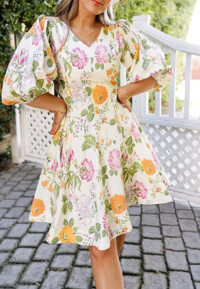 Lantern Sleeve Printed Midi Dress