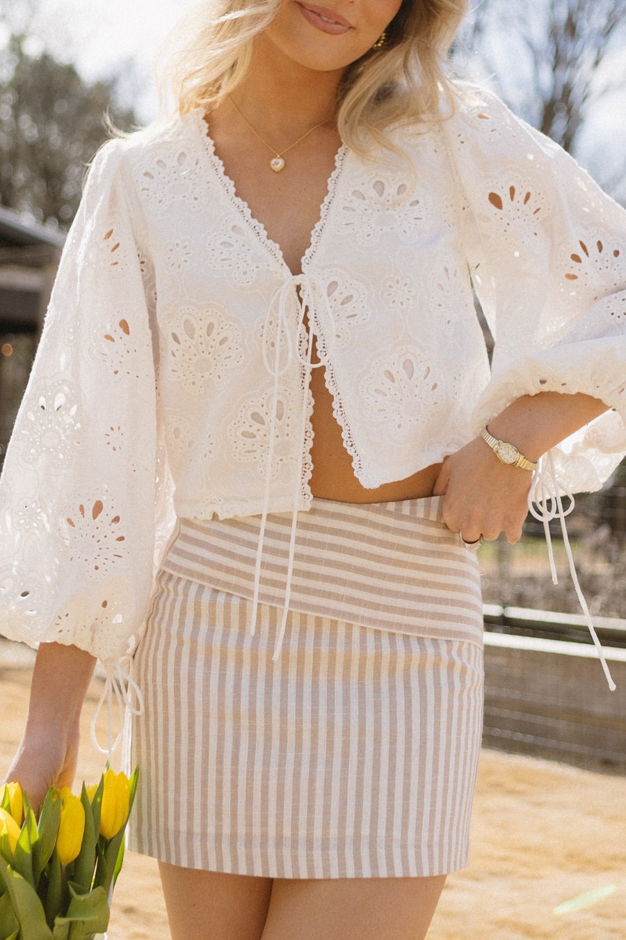 White Lantern Sleeve Hollow-Out Shirt