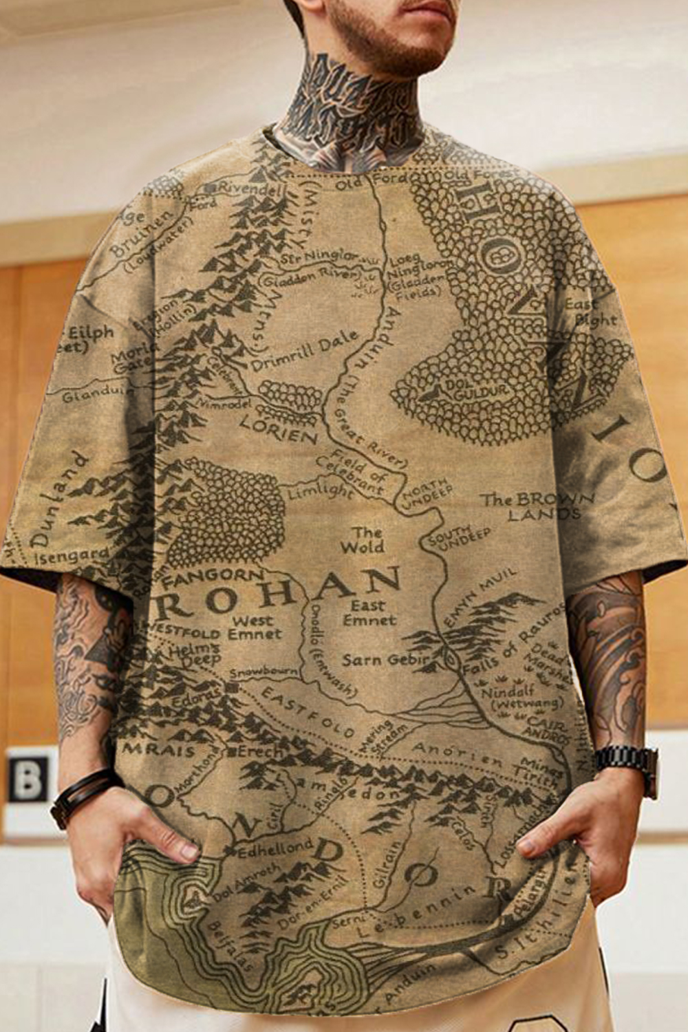 Lord of the Rings map print loose short-sleeved T-shirt