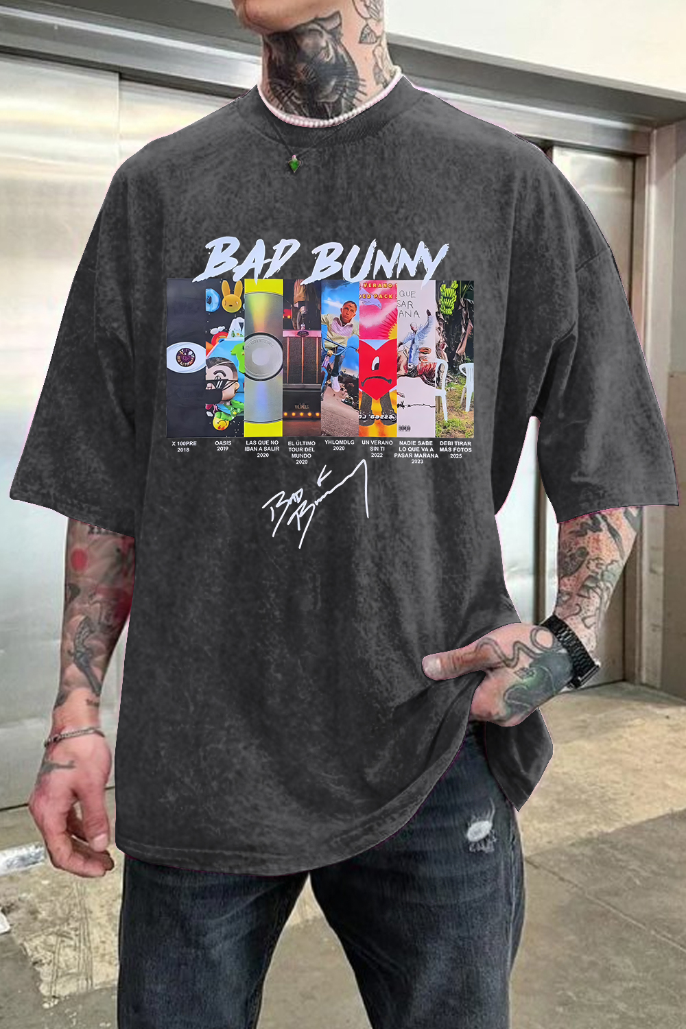 Washed cotton badbunny Washed cotton men's short-sleeved T-shirt