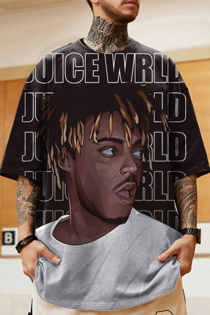 juicewrld cartoon letter casual men's short-sleeved T-shirt