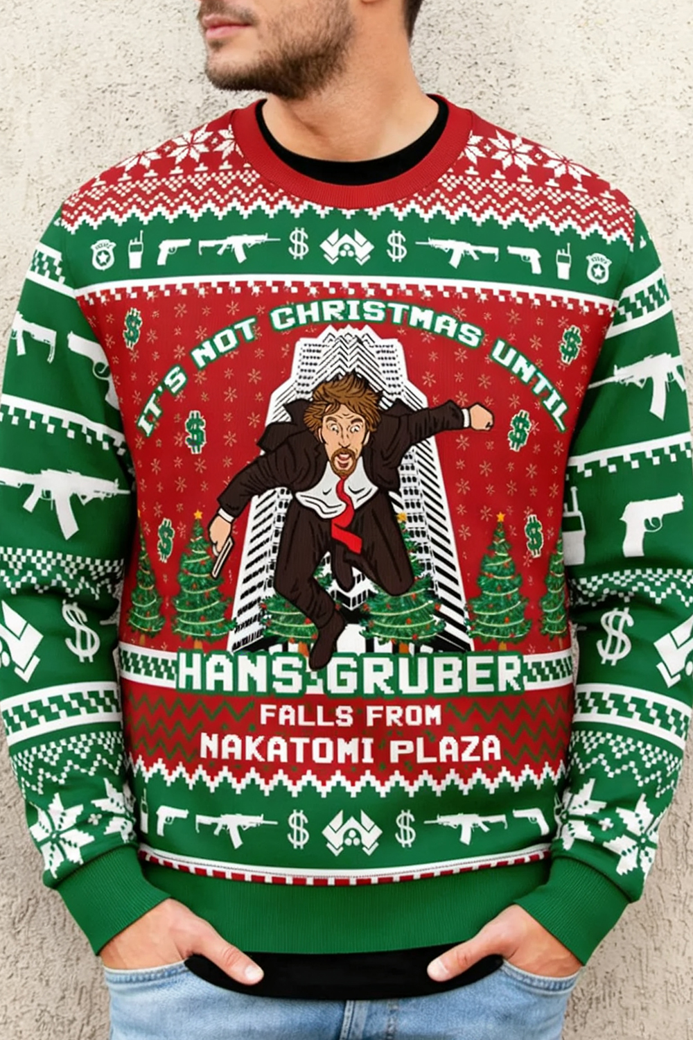 Hans Gruber Fall Nakatomi Plaza Die Hard Ugly Christmas Sweater