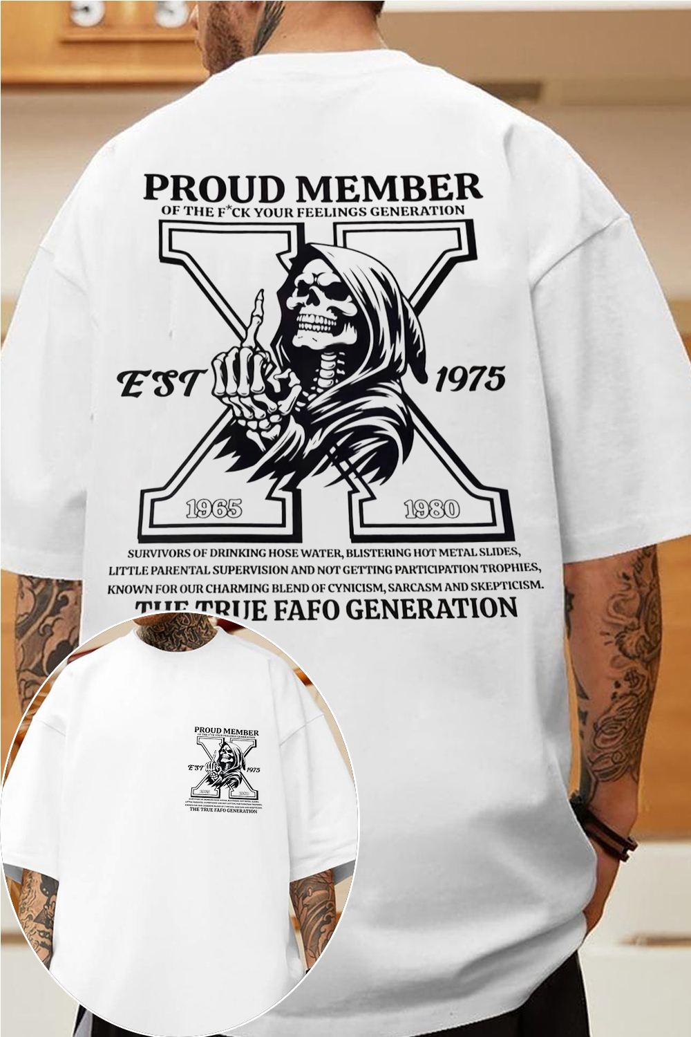 Custom Est.1975 Year Of Birth Skull Finger GenX White Shirt
