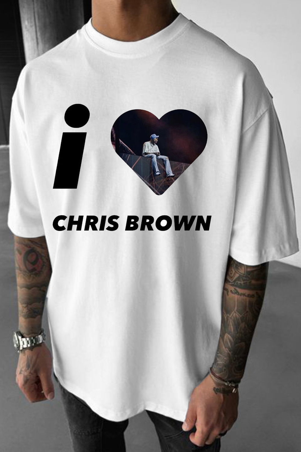I LOVE Chris Brown crew neck loose short sleeve T-shirt