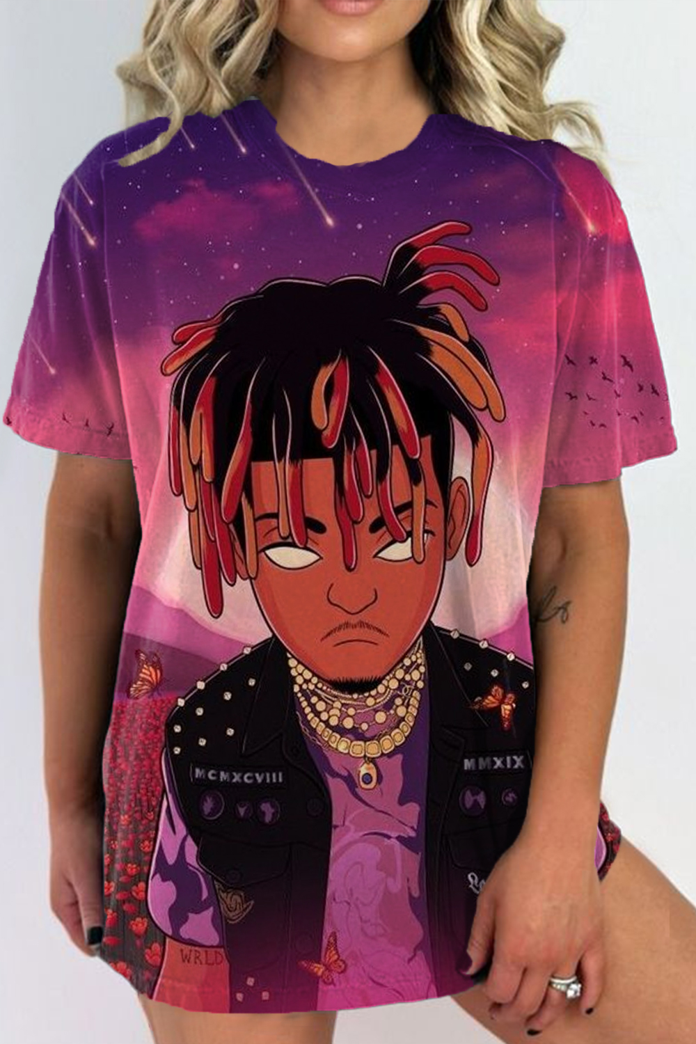 juice world cartoon round neck retro ladies t-shirt