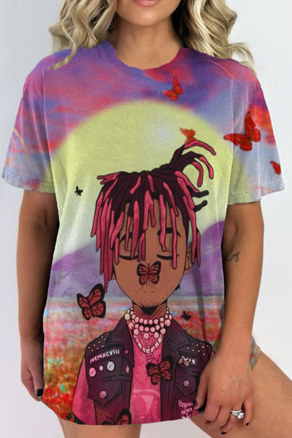 juice world cartoon round neck ladies t-shirt