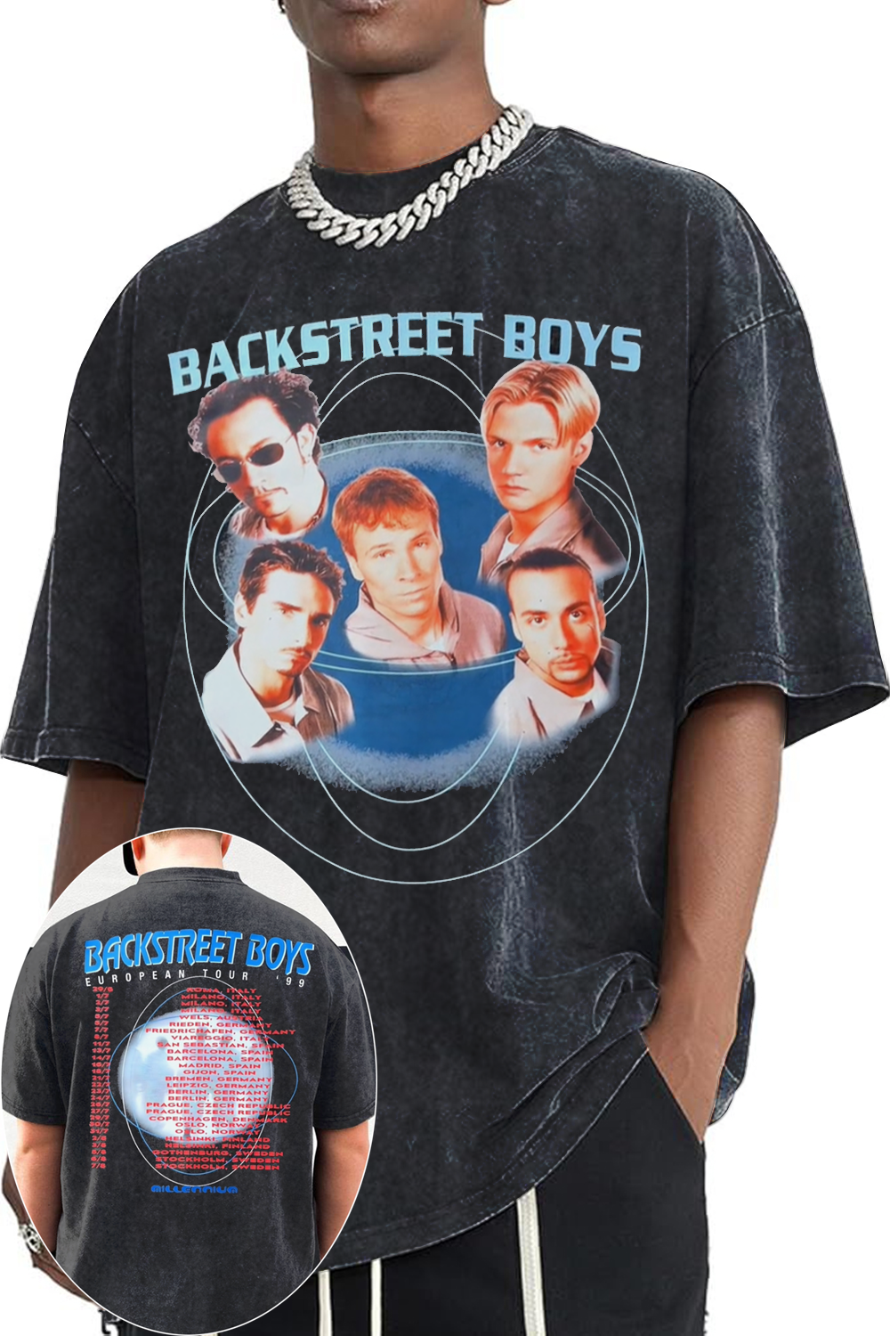 Backstreet Boys European Tour ��99 Retro washed cotton printed short-sleeved T-shirt