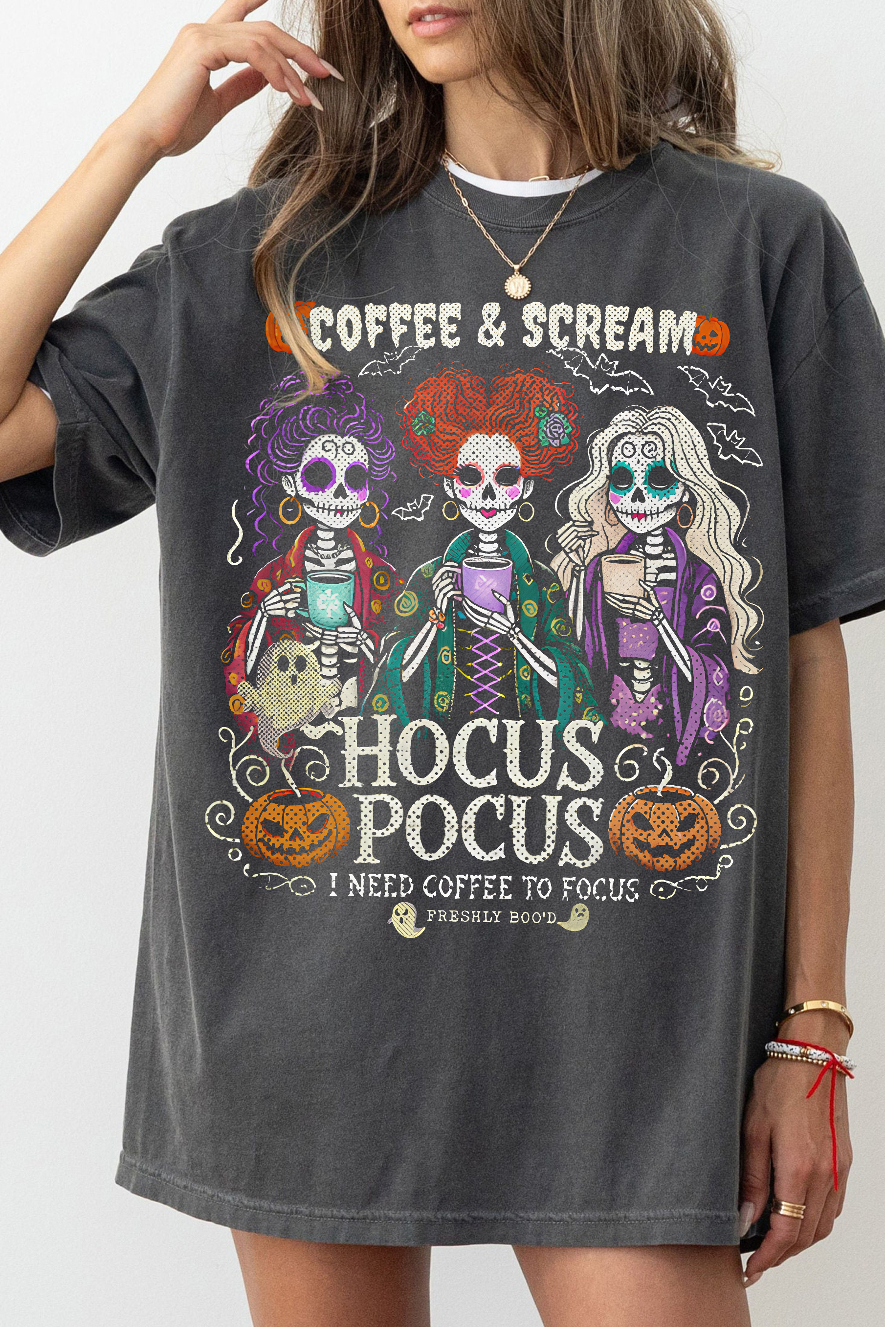 I Need Coffee To Focus Fresh Boo'd Halloween Tee For Women 