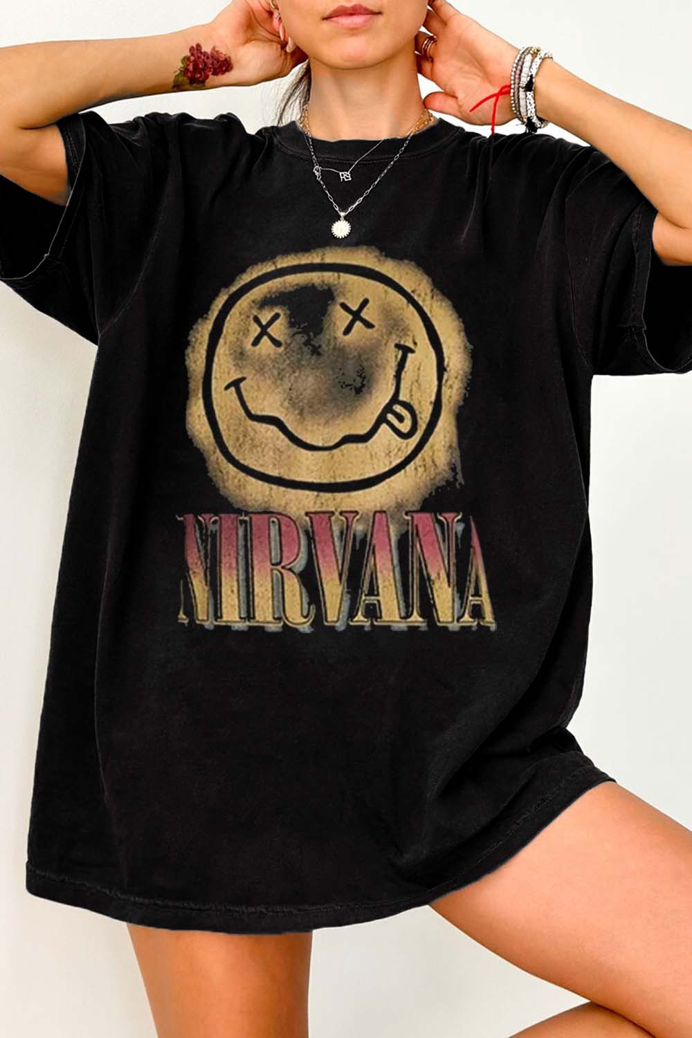Nirvana & Big Gradient Smile Face Graphic Band Tee For Women