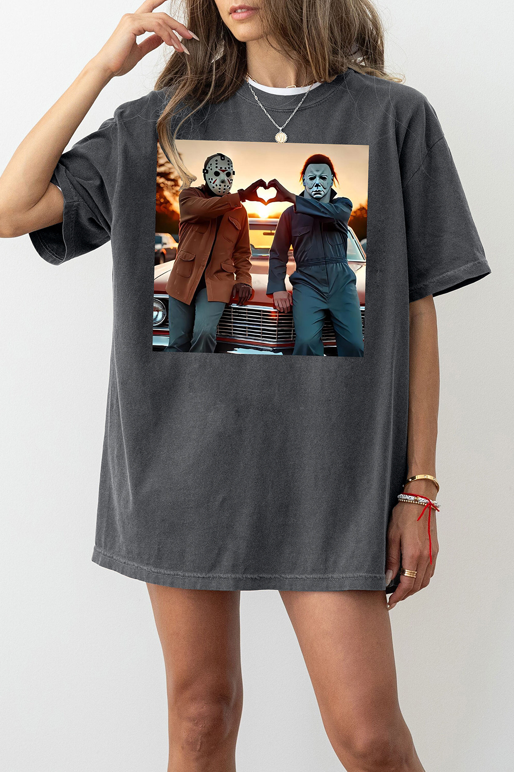 Horror Movie Michael and Jason Heart Hands Tee For Women