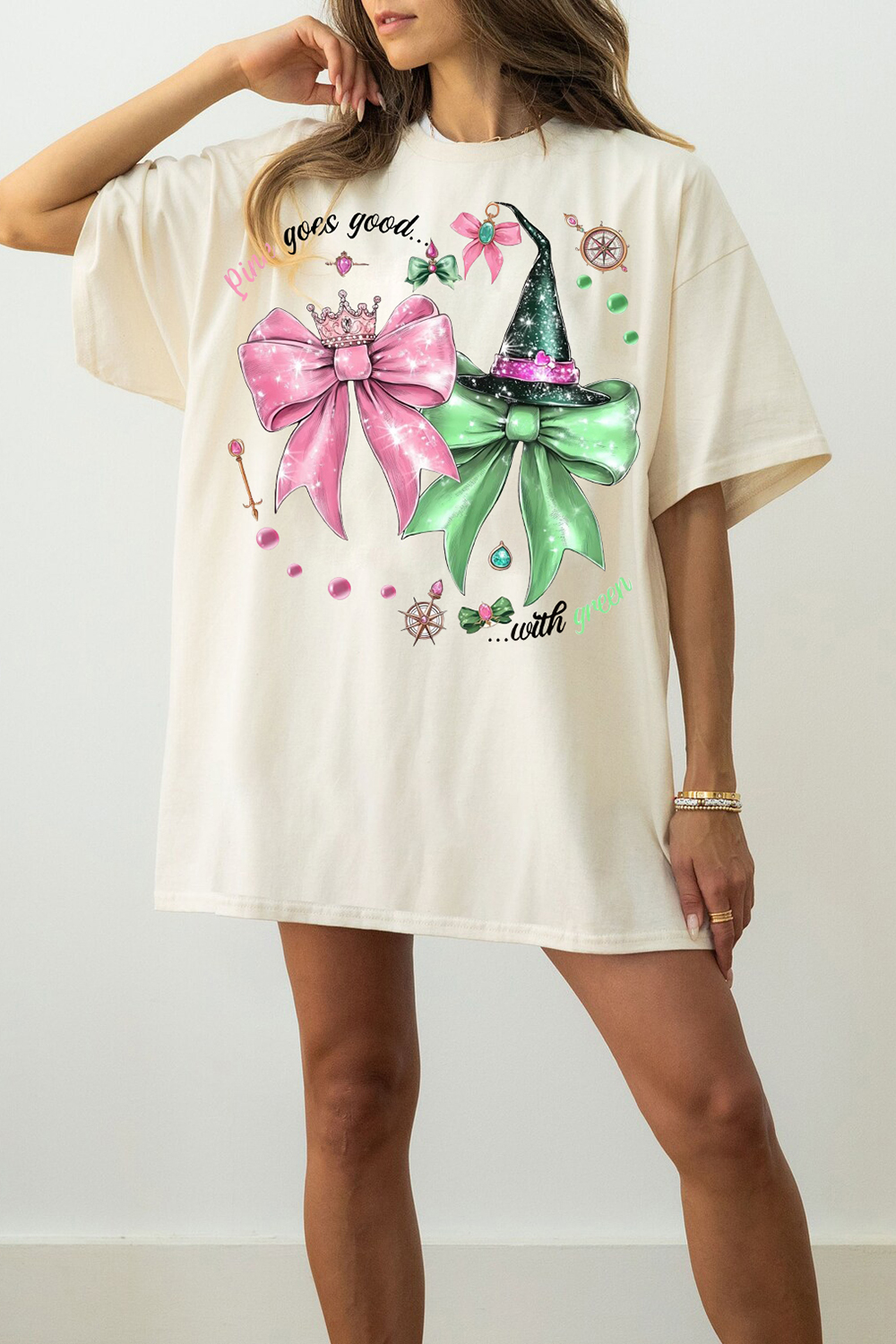 Wicked Pink Goes Good With Green Defy Gravity Broomstick Magic Wand Tee For Women