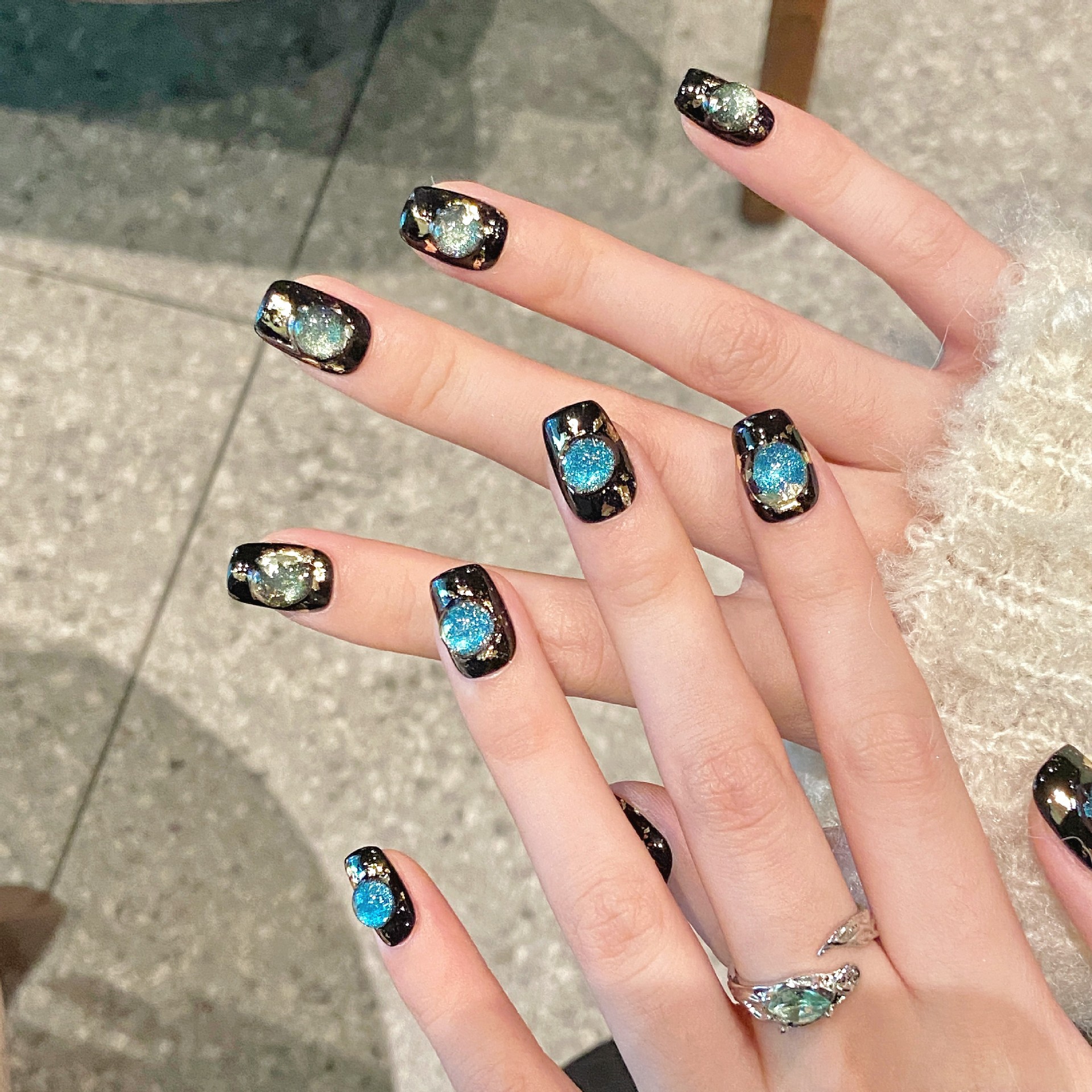 黑精灵泡泡 | 短梯 | 甜酷立体 | 欧泊猫眼光疗美甲 | 纯手工穿戴甲