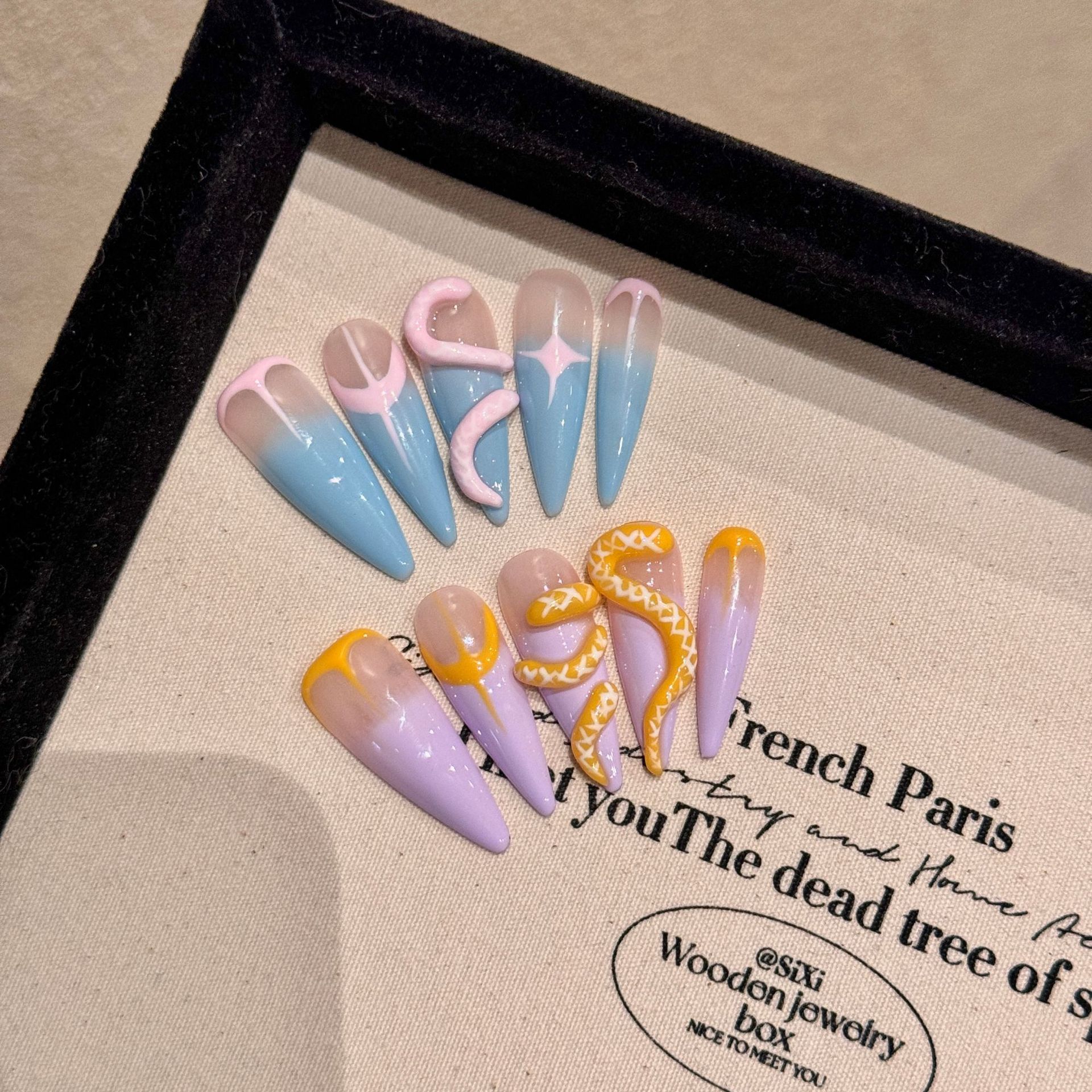 鸳鸯小蛇 | 水滴尖 | 辣妹蓝粉渐变 | 纯手工穿戴甲