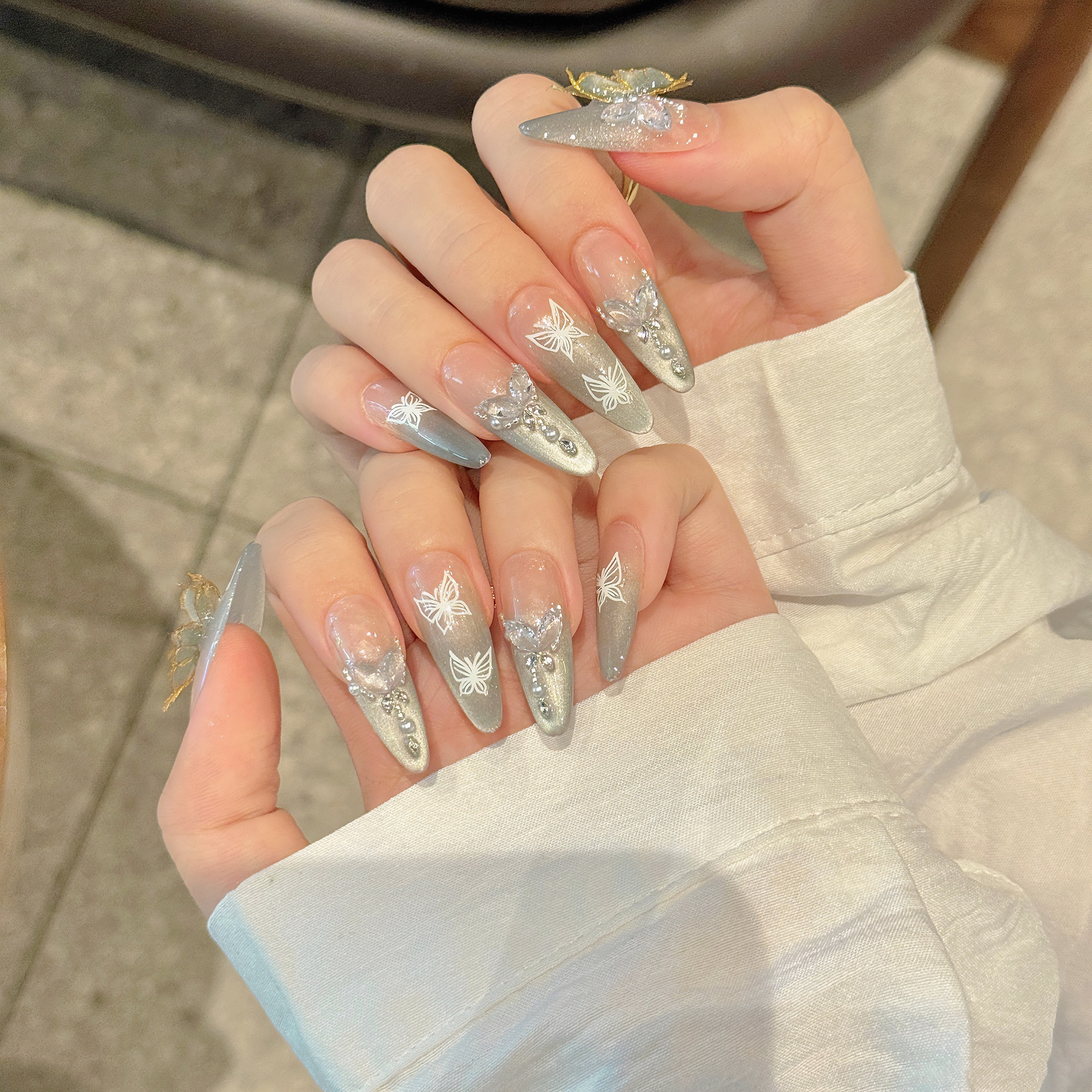 绿碟舞 | 长杏仁 | 气质仙女猫眼 | 立体蝴蝶钢珠链  | 纯手工穿戴甲