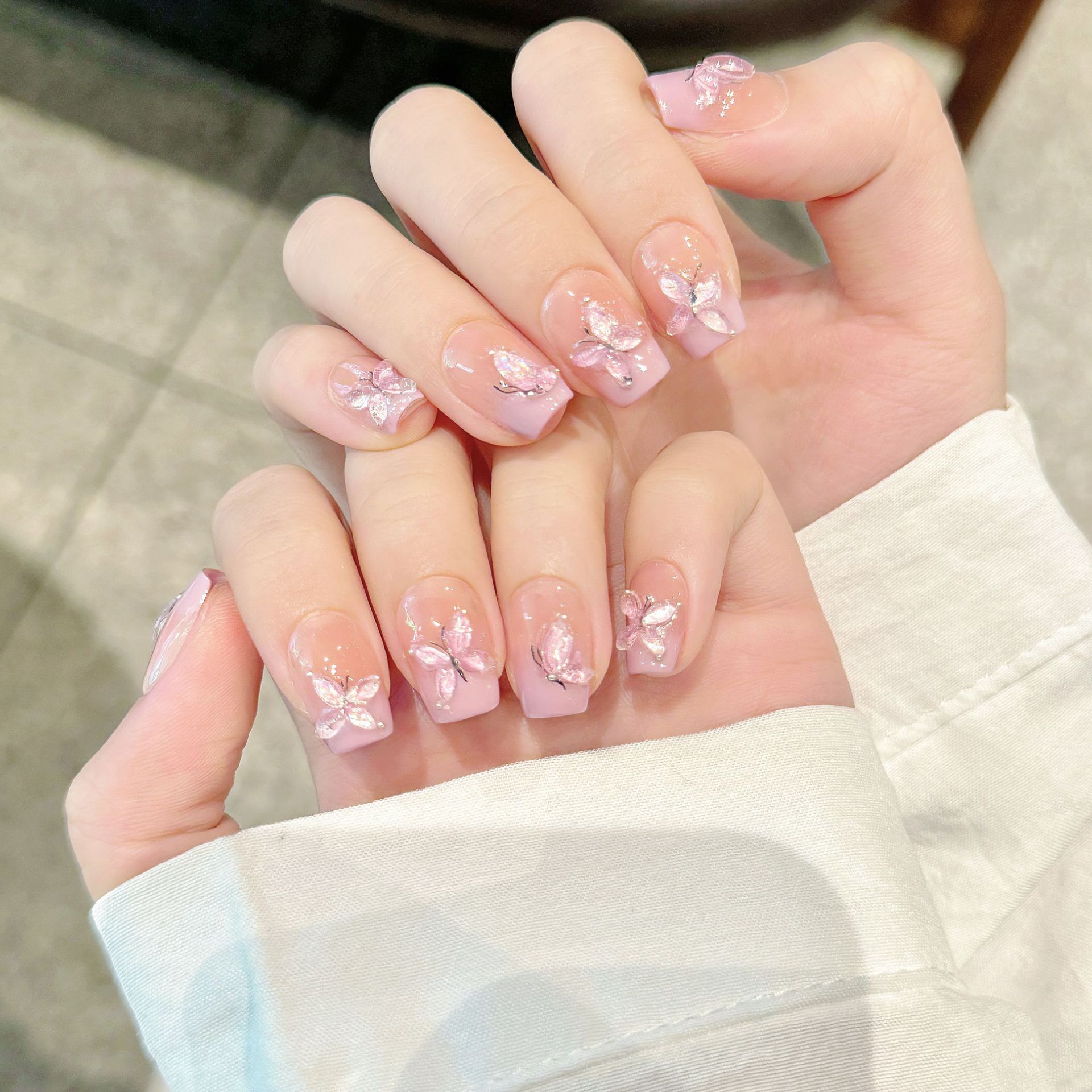 庄周梦蝶 | 短梯 | 法式猫眼显白 | 显白粉嫩蝴蝶 | 纯手工穿戴甲