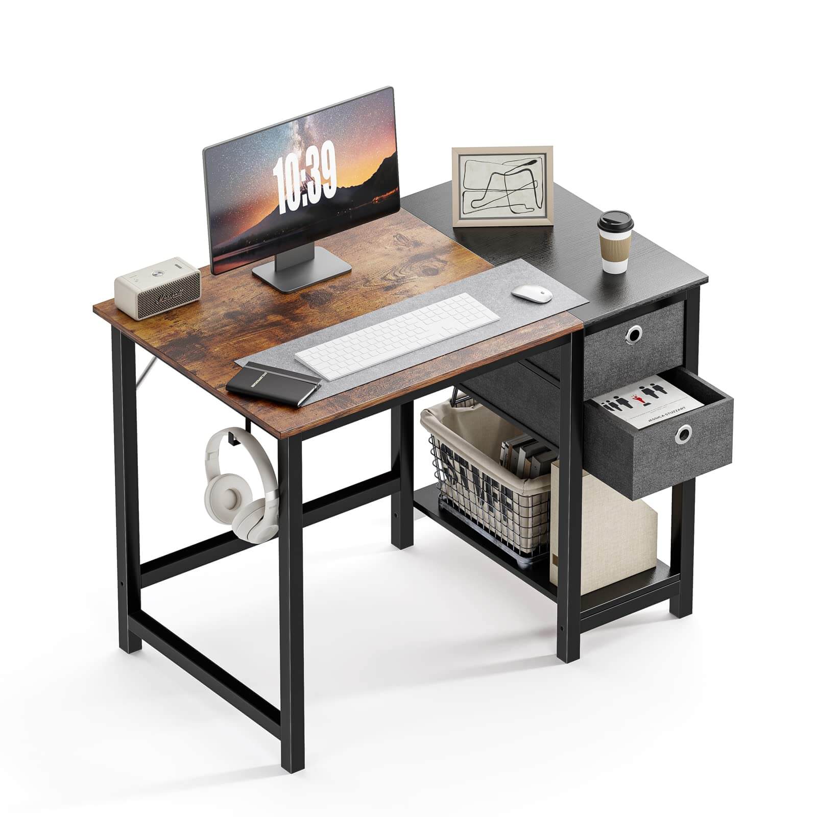Modern Simple Style Home Office Writing Desk with 2-Tier Drawers Storage Shelf Headphone Hook--Bedroom,Bedroom Desk,Home Office,Home Office Desk,Office,Office chair,Office Desk