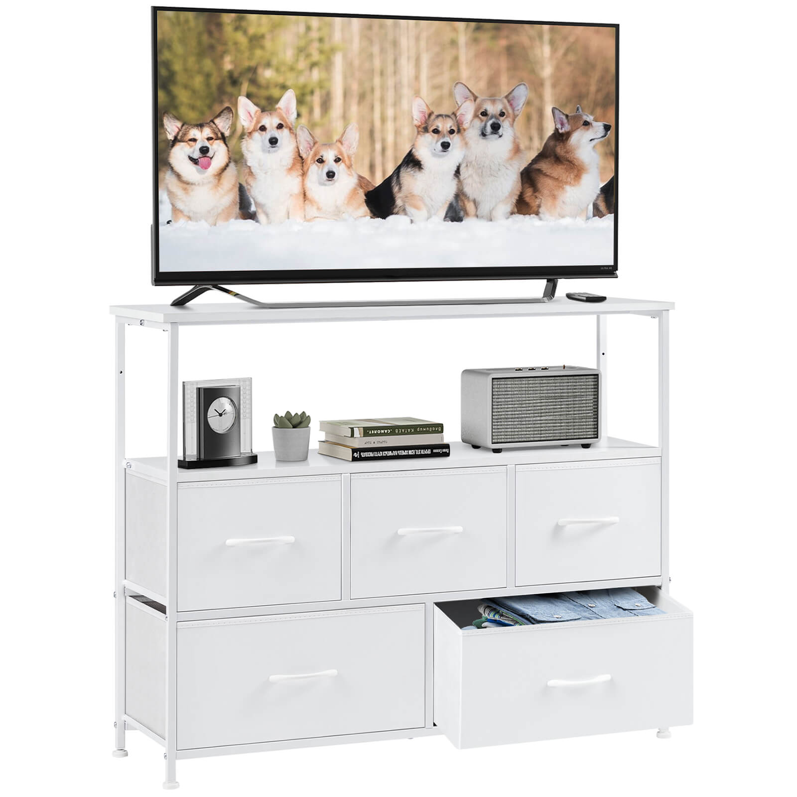 38 in Open Storage Shelf TV Stand with 5 Fabric Drawers for Bedroom/Living Room/Hallway--Living Room,Living Room Cabinet,New Arrivals