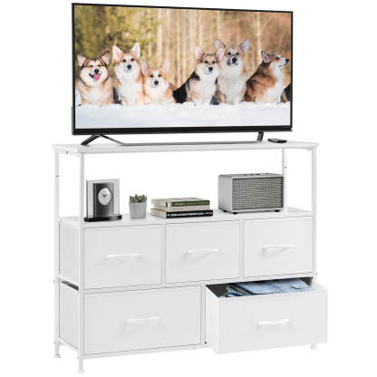 38 in Open Storage Shelf TV Stand with 5 Fabric Drawers for Bedroom/Living Room/Hallway--Living Room,Living Room Cabinet,New Arrivals