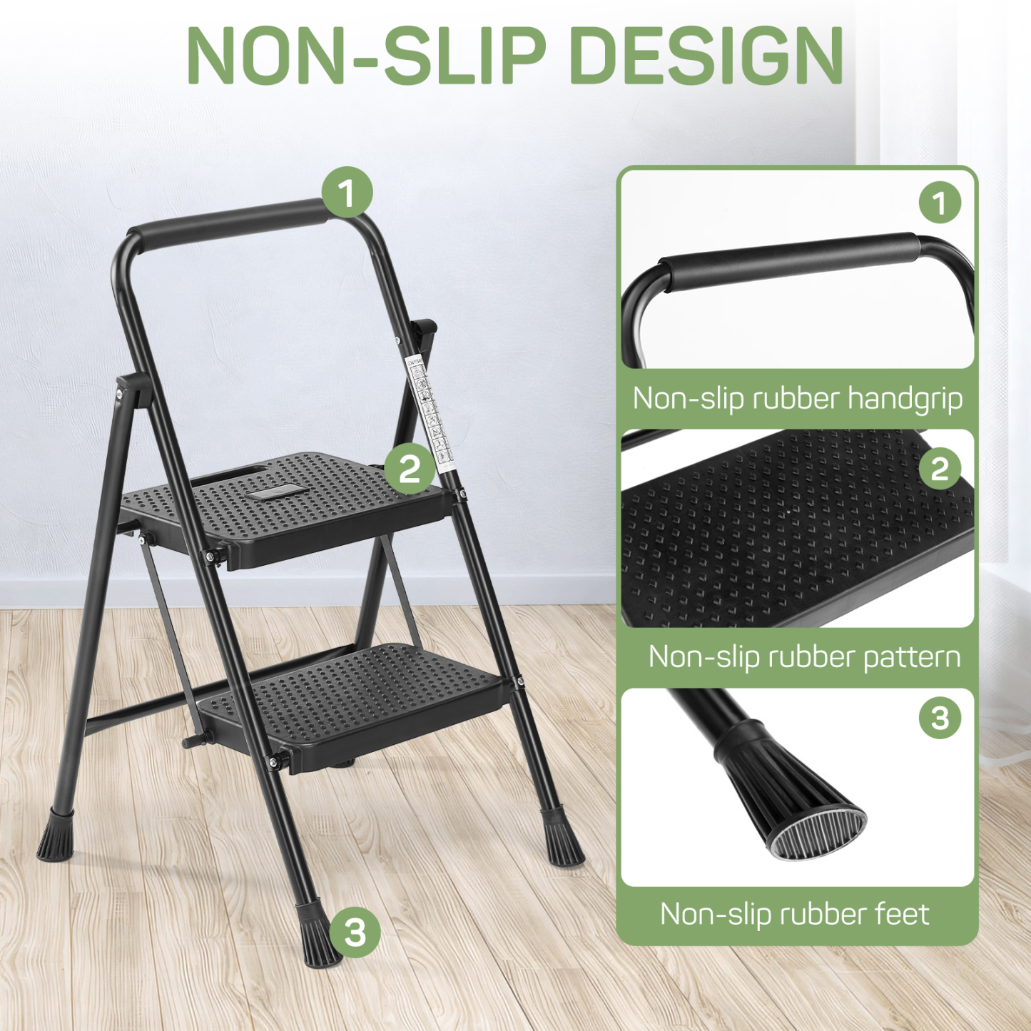 Zibbizo 2 Step Ladder Foldable, Sturdy Step Stool Ladder with Anti-Slip Pedal, Portable Lightweight Folding Step Tool, Black