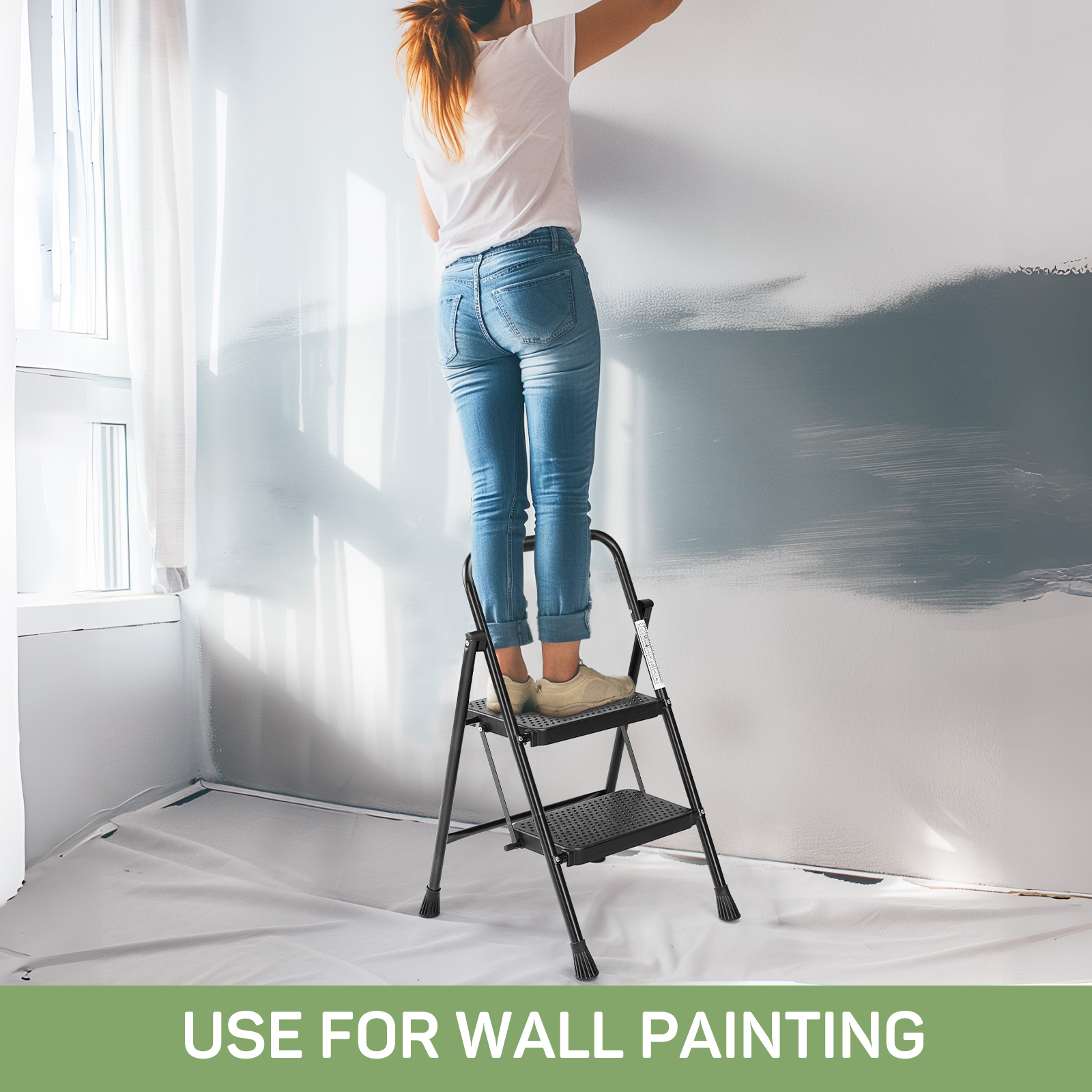 Zibbizo 2 Step Ladder Foldable, Sturdy Step Stool Ladder with Anti-Slip Pedal, Portable Lightweight Folding Step Tool, Black