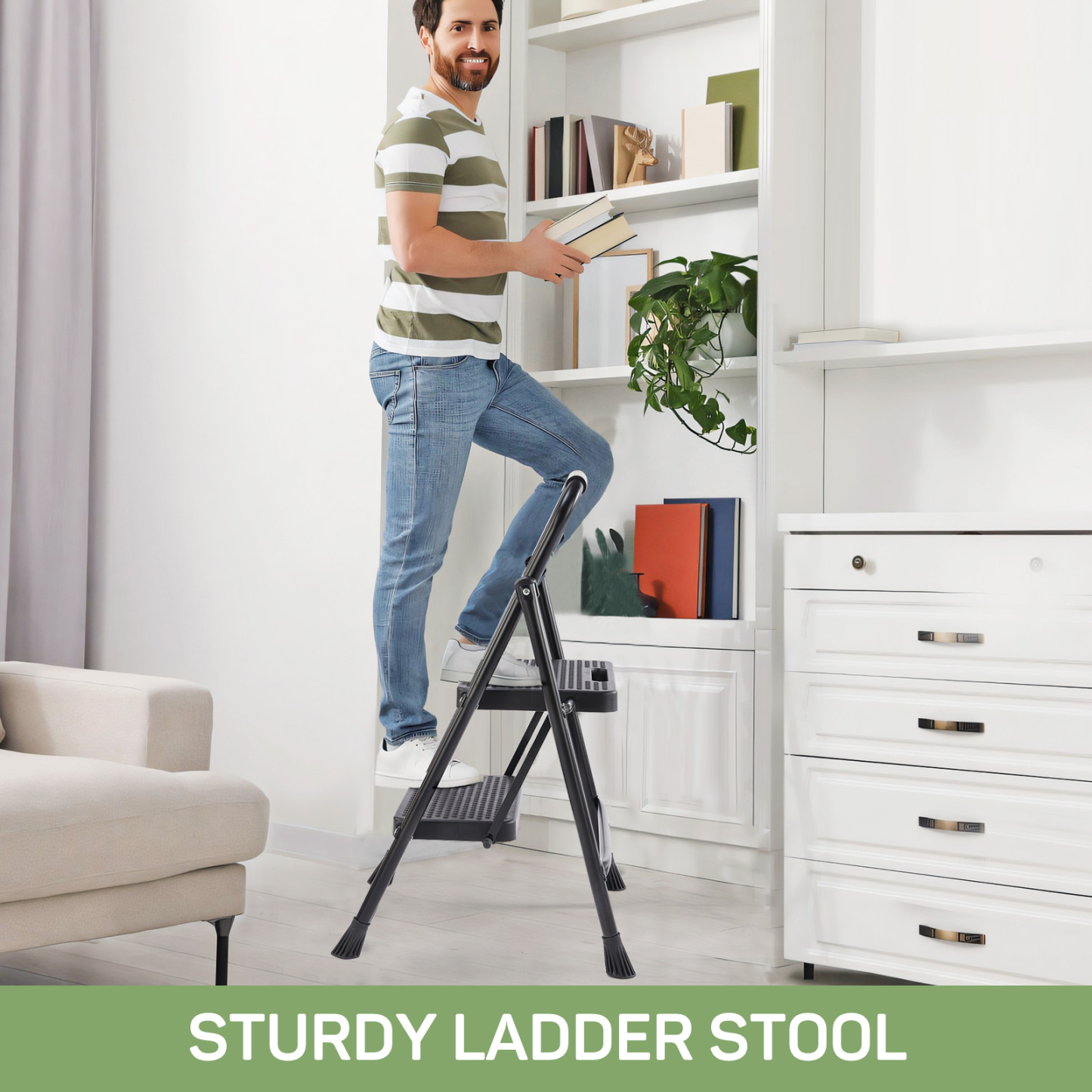 Zibbizo 2 Step Ladder Foldable, Sturdy Step Stool Ladder with Anti-Slip Pedal, Portable Lightweight Folding Step Tool, Black