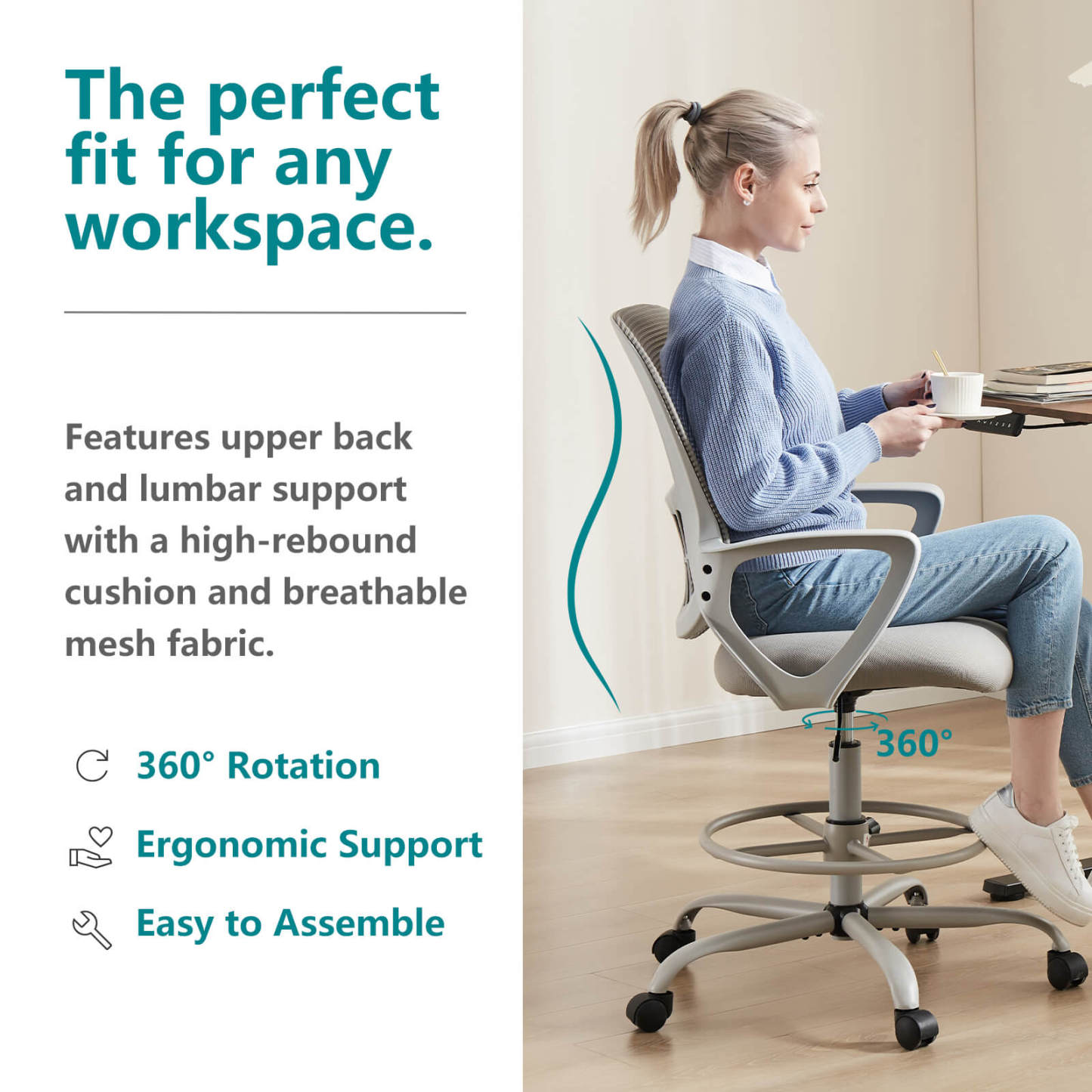 Tall Office Chair for Standing Desk with Adjustable Foot Ring,Counter Height Office Chairs--Bedroom,Bedroom Chair,Home Office,Home Office Chair,Office,Office chair,Office Chair1