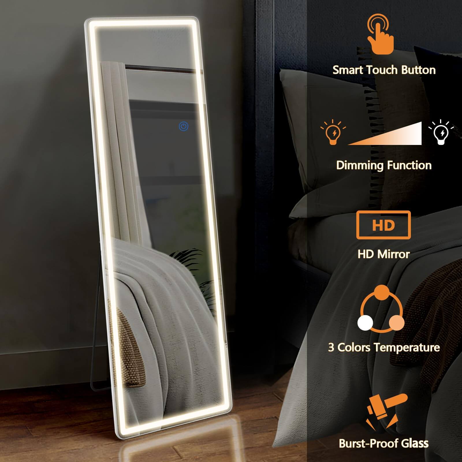 3 Color Lighting Mirror with LED Lights, 64"x21" Lighted Floor Standing Mirror with Stand, Wall Mounted Hanging--Living Room,Living Room Mirror