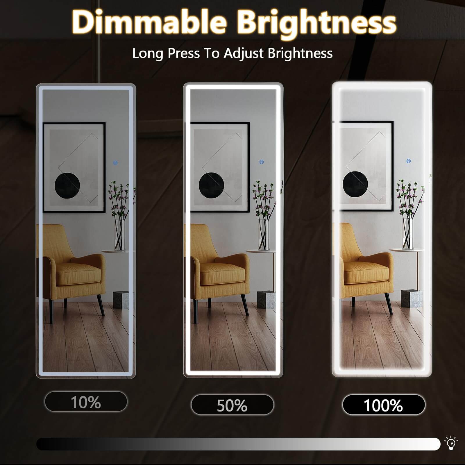 3 Color Lighting Mirror with LED Lights, 64"x21" Lighted Floor Standing Mirror with Stand, Wall Mounted Hanging--Living Room,Living Room Mirror