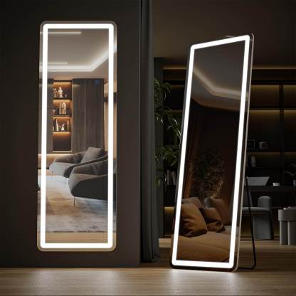 3 Color Lighting Mirror with LED Lights, 64"x21" Lighted Floor Standing Mirror with Stand, Wall Mounted Hanging--Living Room,Living Room Mirror