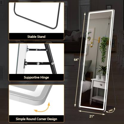 3 Color Lighting Mirror with LED Lights, 64"x21" Lighted Floor Standing Mirror with Stand, Wall Mounted Hanging--Living Room,Living Room Mirror