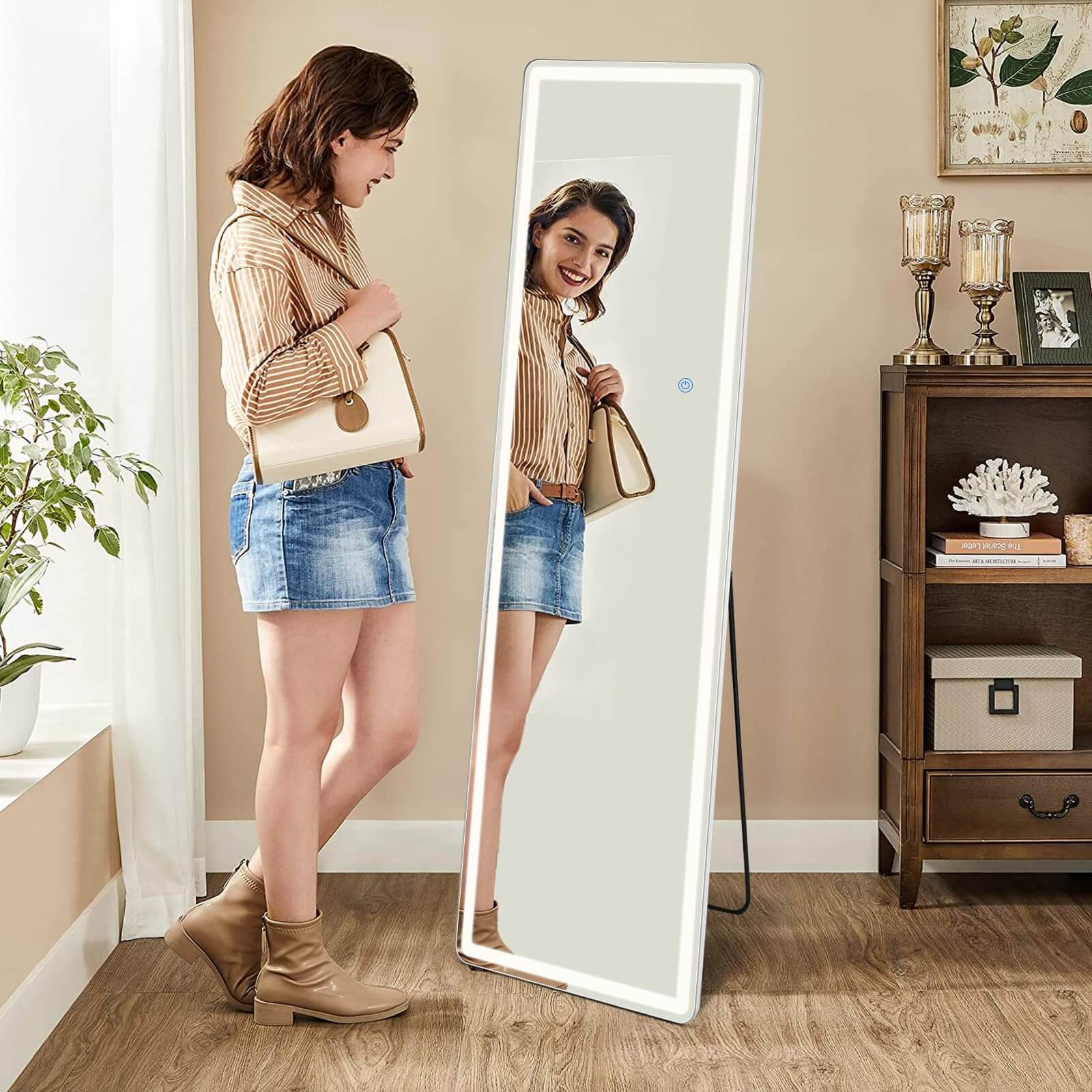 3 Color Lighting Mirror with LED Lights, 64"x21" Lighted Floor Standing Mirror with Stand, Wall Mounted Hanging--Living Room,Living Room Mirror