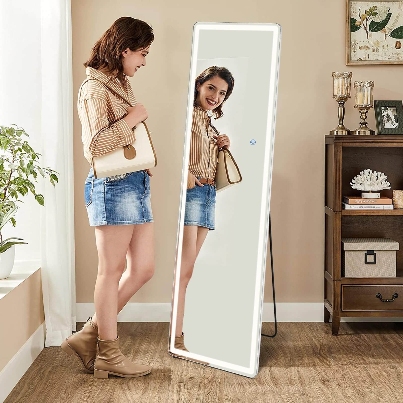 3 Color Lighting Mirror with LED Lights, 64"x21" Lighted Floor Standing Mirror with Stand, Wall Mounted Hanging--Living Room,Living Room Mirror