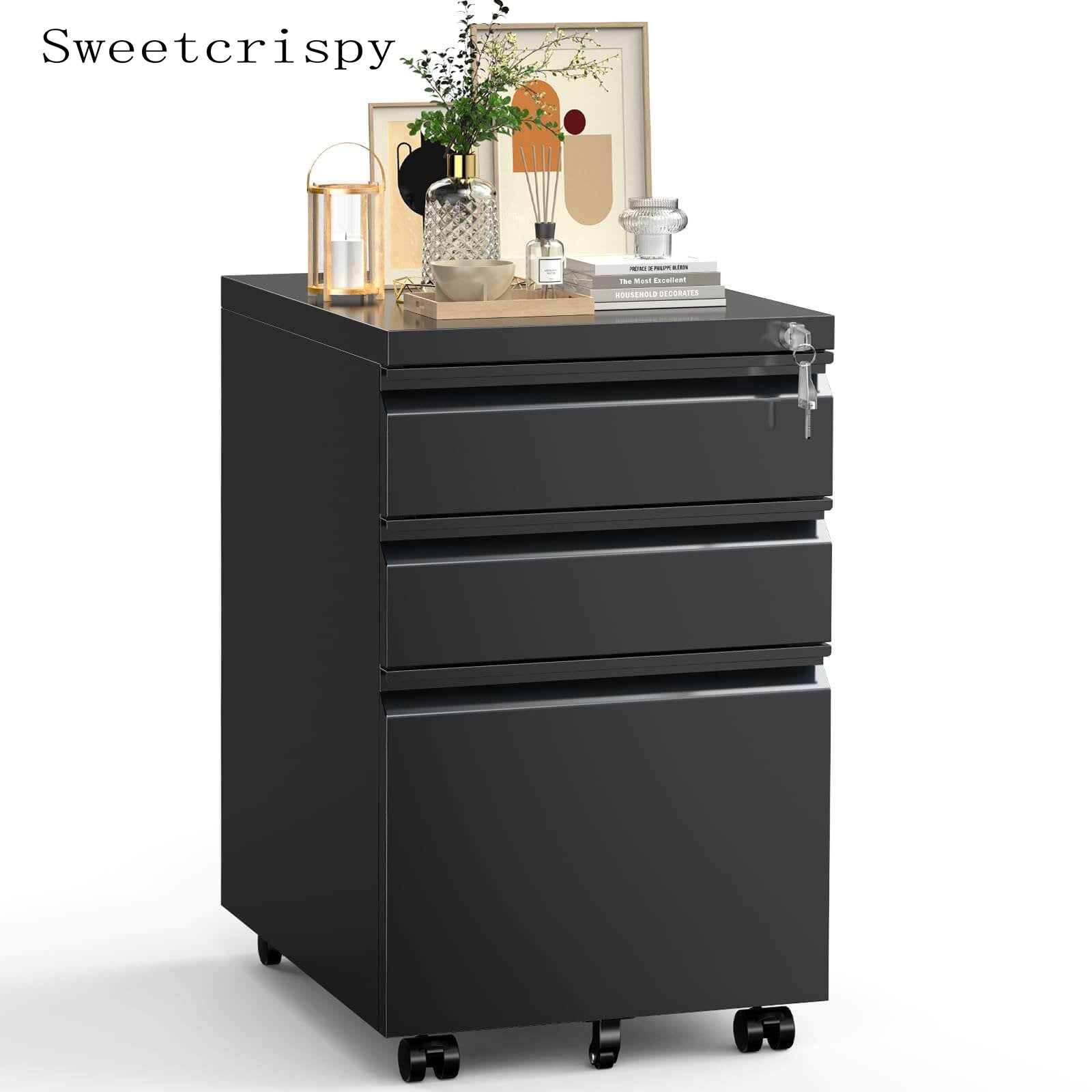 Sweetcrispy 3 Drawer Mobile Rolling File Cabinet With Lock  For Home Office--Bedroom,Bedroom Cabinet,Home Office,Home Office Cabinet,Office,Office Cabinet