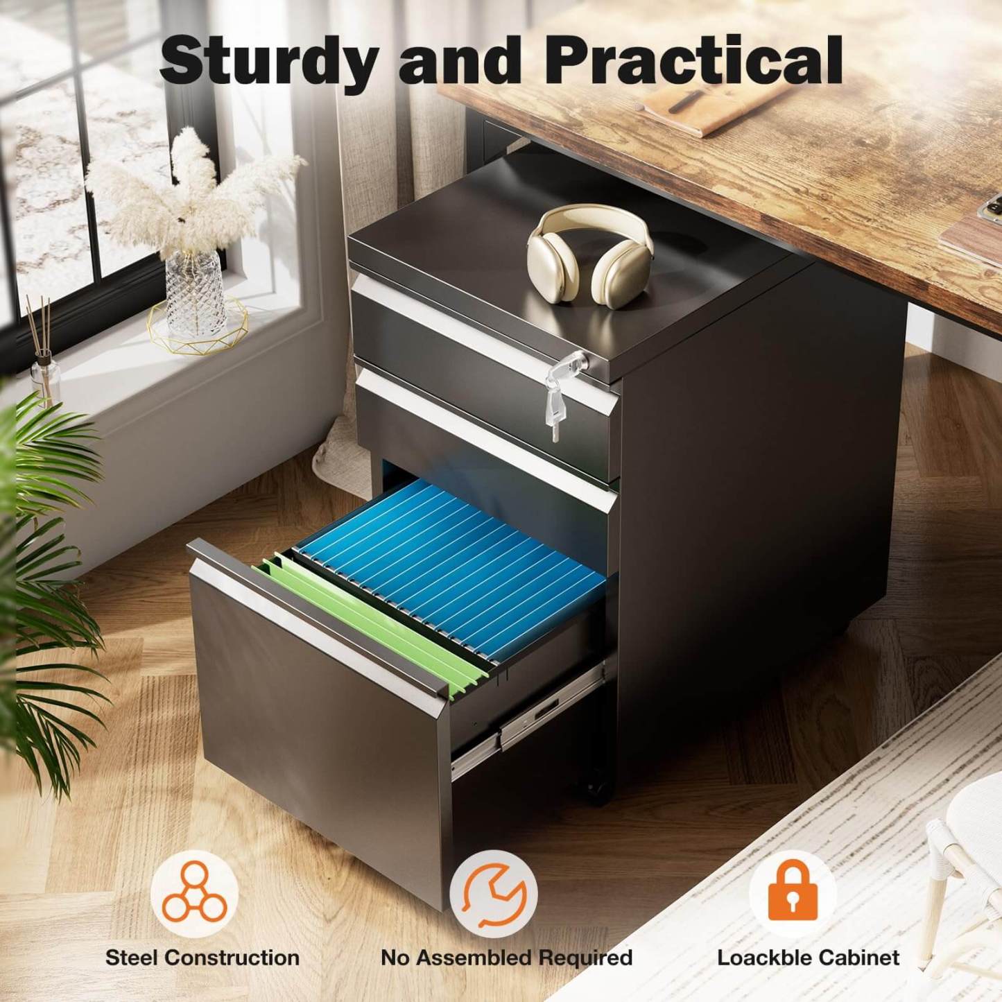 Sweetcrispy 3 Drawer Mobile Rolling File Cabinet With Lock  For Home Office--Bedroom,Bedroom Cabinet,Home Office,Home Office Cabinet,Office,Office Cabinet
