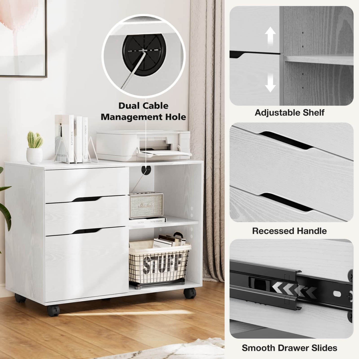 3 Drawer Mobile Rolling Lateral File Cabinet For Home Office And Kids Room--Bedroom,Bedroom Cabinet,Home Office,Home Office Cabinet,Office,Office Cabinet