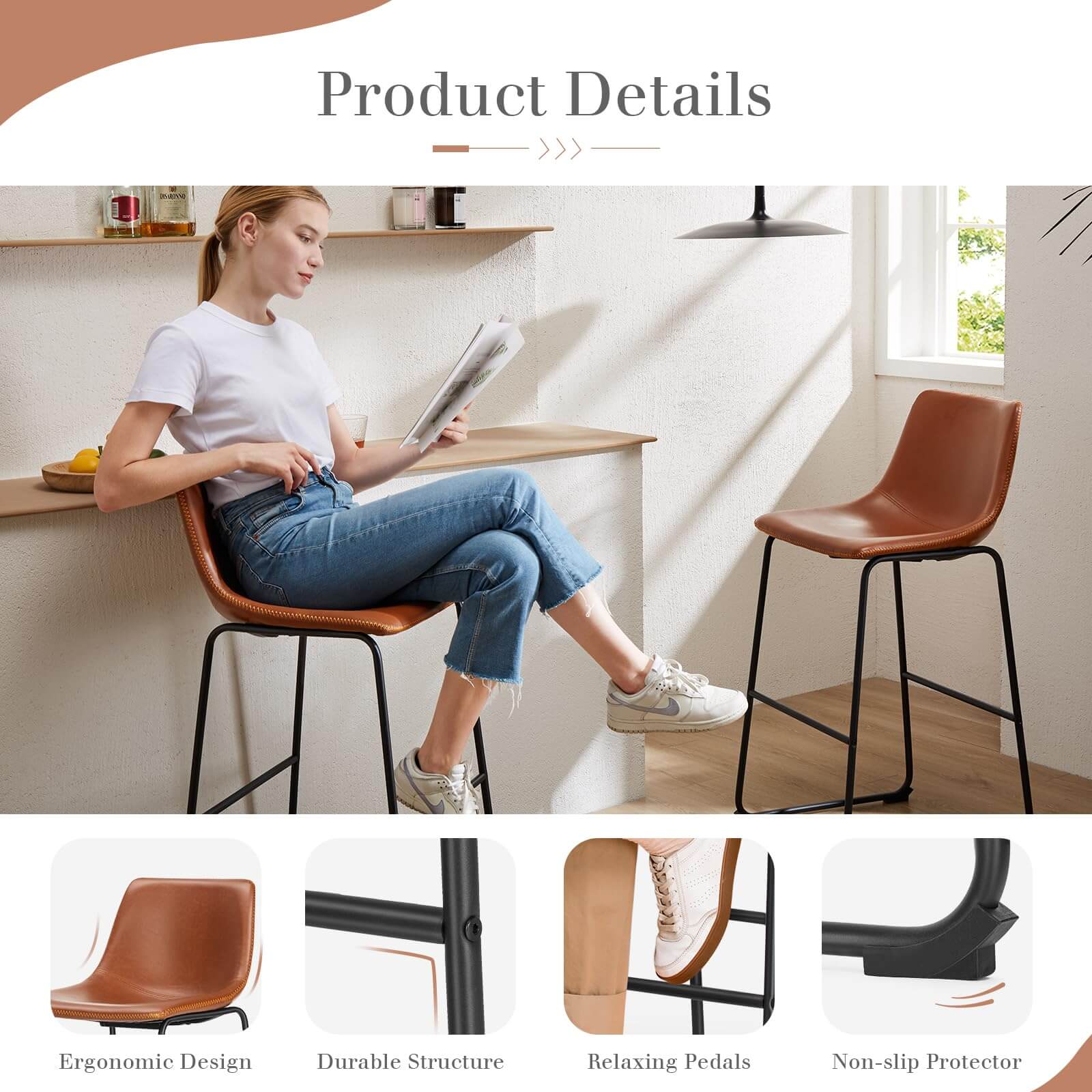 31 inch Armless Industrial Faux Leather Barstools with Metal Legs and Footrest, Dining Chairs for Home Office Kitchen Island--kitchen & Dining,Office chair